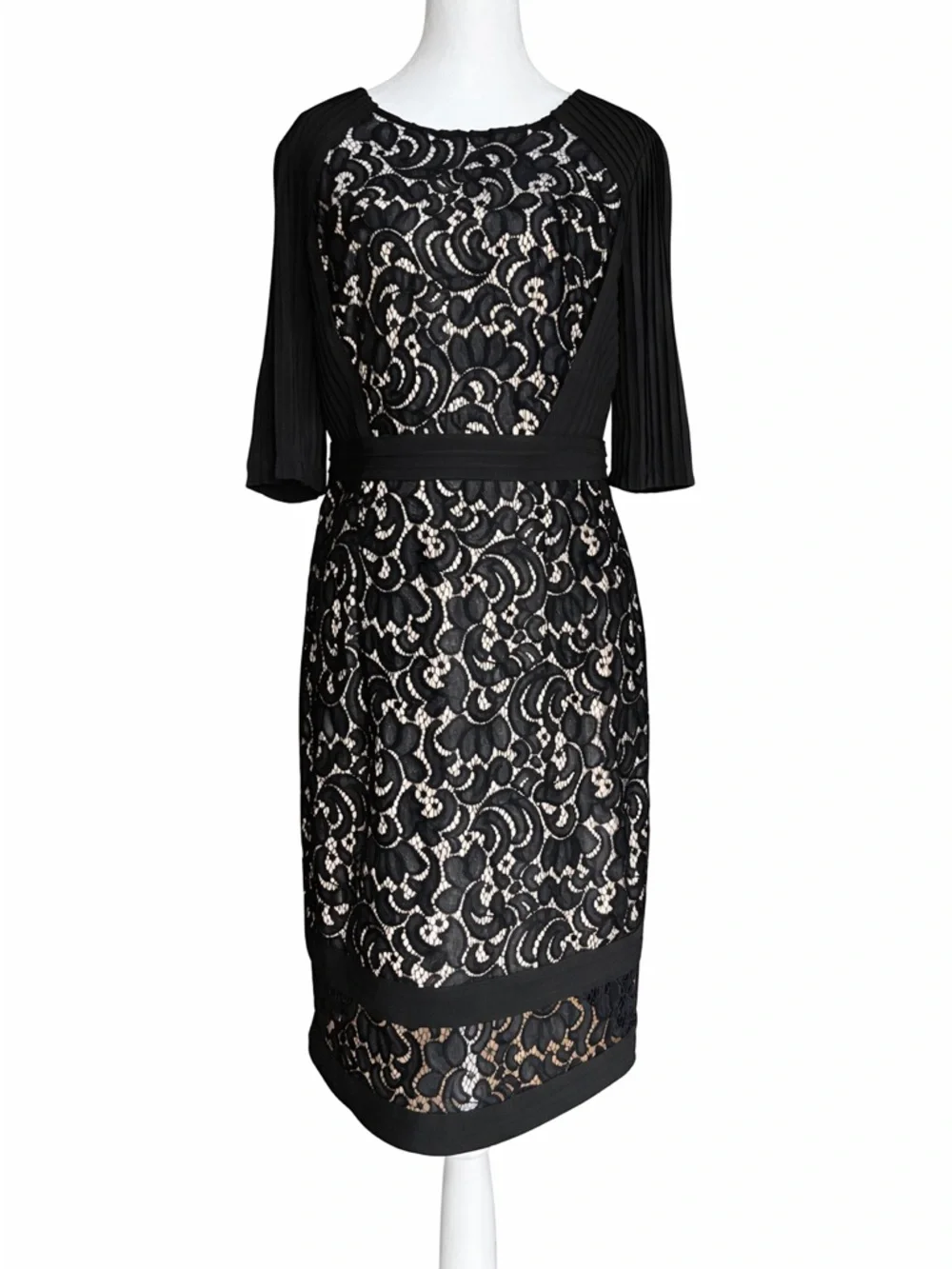 Adrianna Papell Black Lace Inset Banded Sheath Dress Size 8 Pleated Sleeve Party